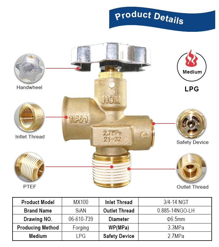 MX100 LPG صمام الأسطوانة النحاس Pol Valve للمكسيك (13)